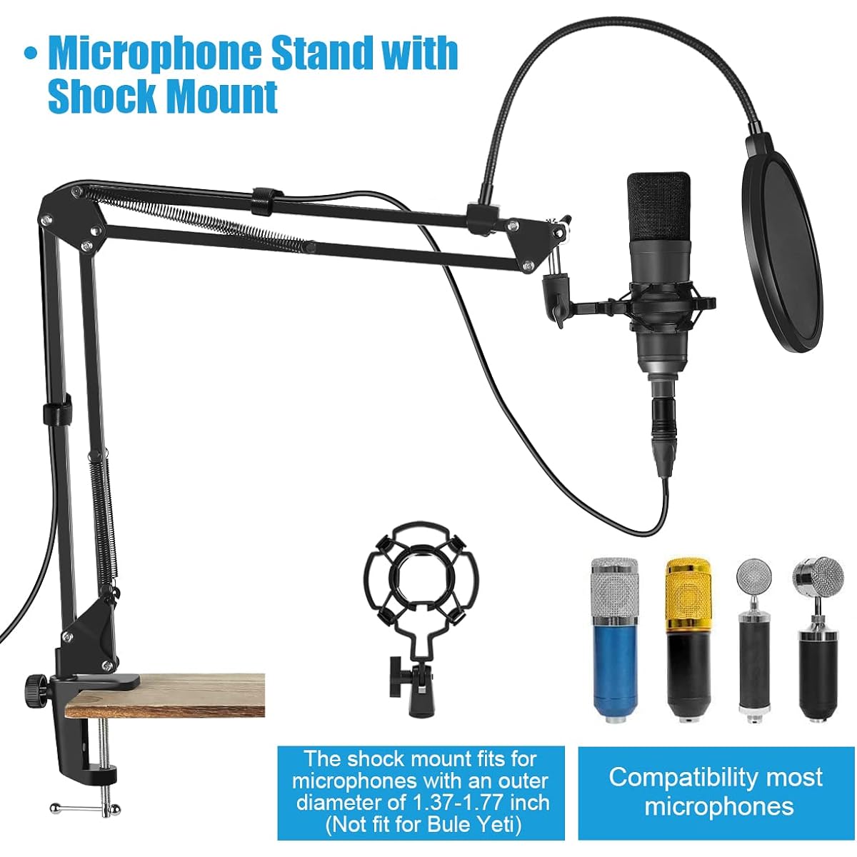 RenFox Microphone Stand, Adjustable Microphone Stand Desk Suspension Scissor Arm Mic Boom Arm for Blue Yeti/Snowball & Other Microphones for Professional Streaming, Voiceover, Recording, Gaming