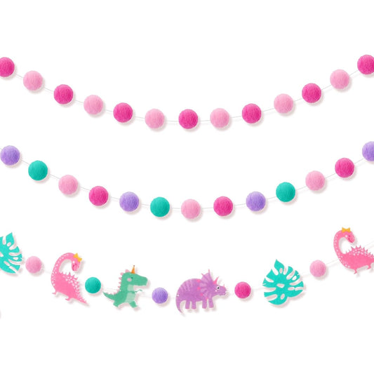 3 Pieces Felt Ball Banner Pastel Color Felt Garland Dinosaur Birthday Banner Pompom Garland Decoration Dinosaur Theme Holiday Hanging Garland Nursery Banner Decoration Carnival Party Photo Props