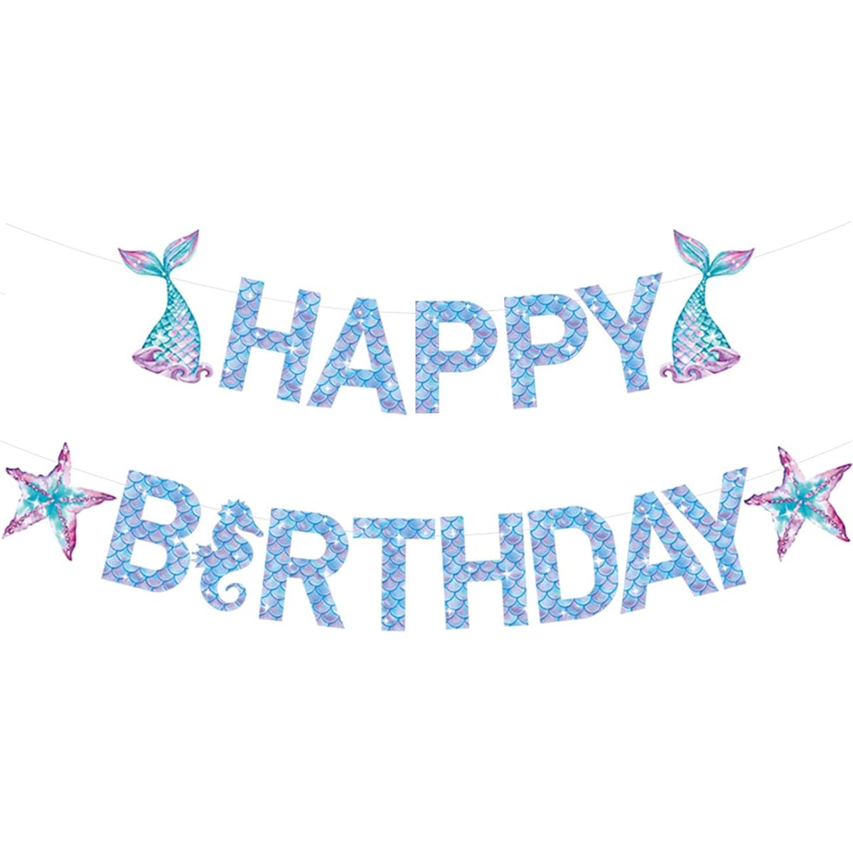 LAVVICHA Mermaid Happy Birthday Banner, Mermaid Sea Animal Theme Party Supplies Decorations for Girls Women