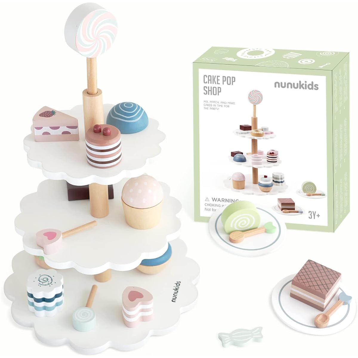 nunukids Wooden Tea Party Set for Little Girls, Fake Food for Kids Kitchen 22 Pieces, Cake Shop Toy