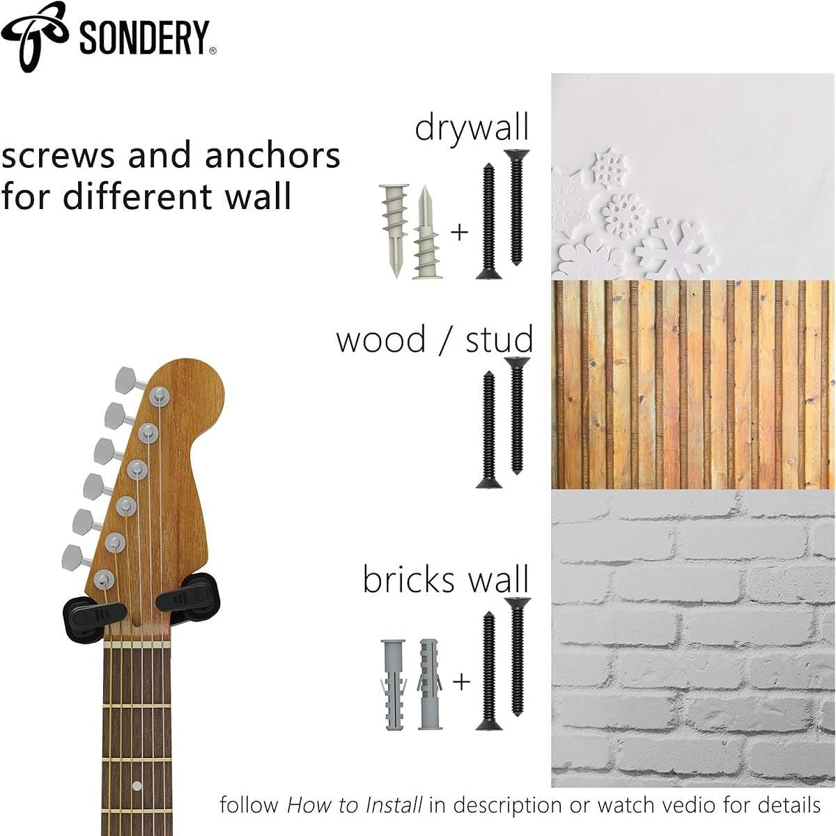N 2 Sondery Guitar Hanger Wall Mount Stand Hook Wall Hanging Holder Ukulele Bass Auto Lock Wooden Wall or