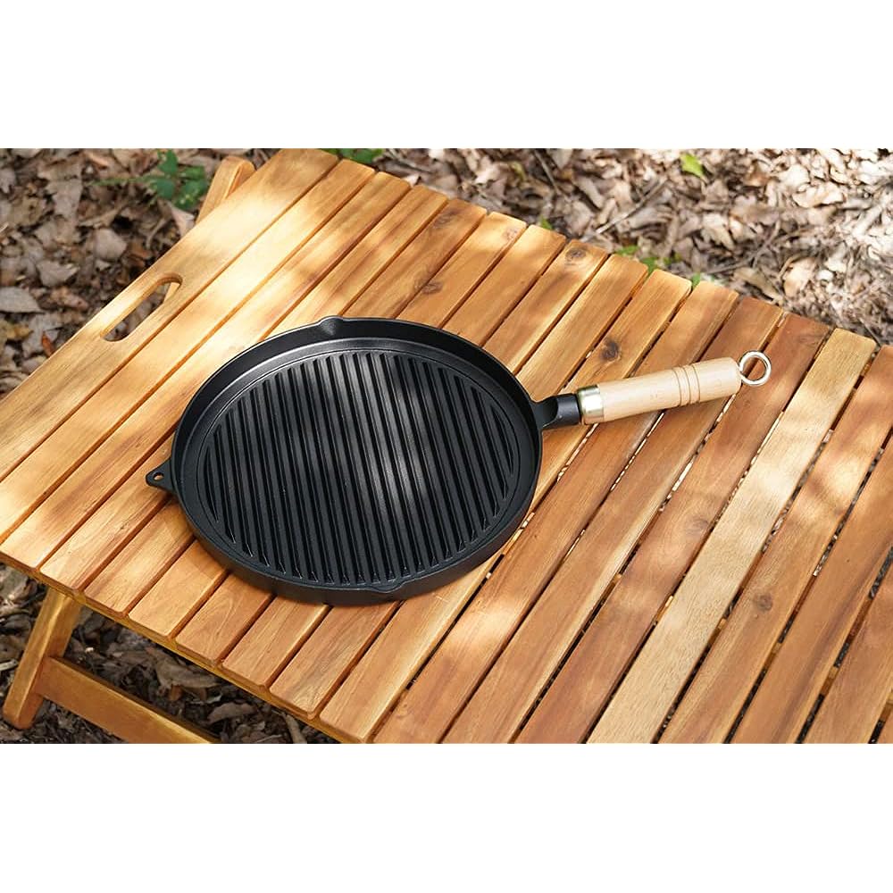 Ikenaga Ironworks Grill Pan, Cast Iron, IH/Gas Fire, Wooden Handle Plate, Meat Dishes, Steak, Grilling Grain, 26.4cm, Outdoor, Iron Replenishment