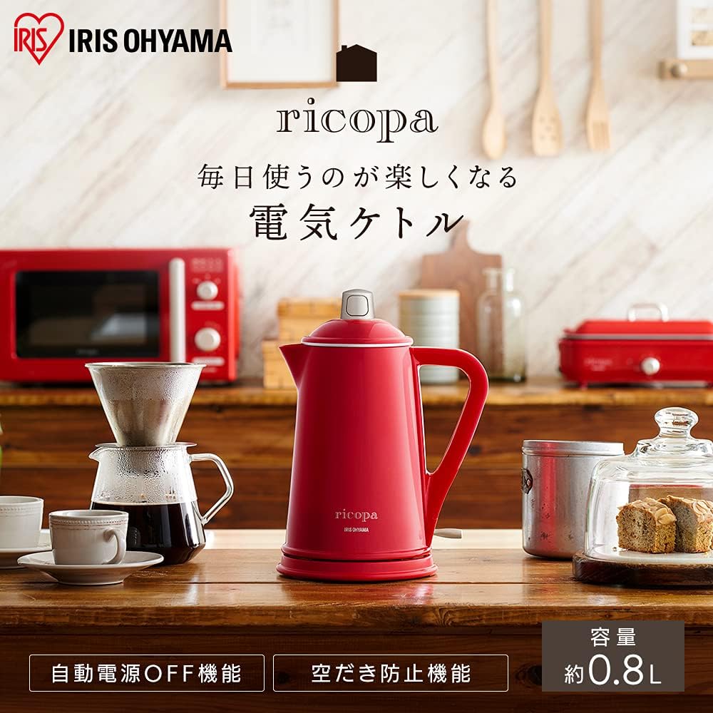 Iris Ohyama Electric Kettle, Retro Design Type, 800ml, Empty Boiling Prevention, Automatic Power Off after Boiling, Lid, Open/Close Lock Function, ricopa, White Ivory, IKE-R800-WC
