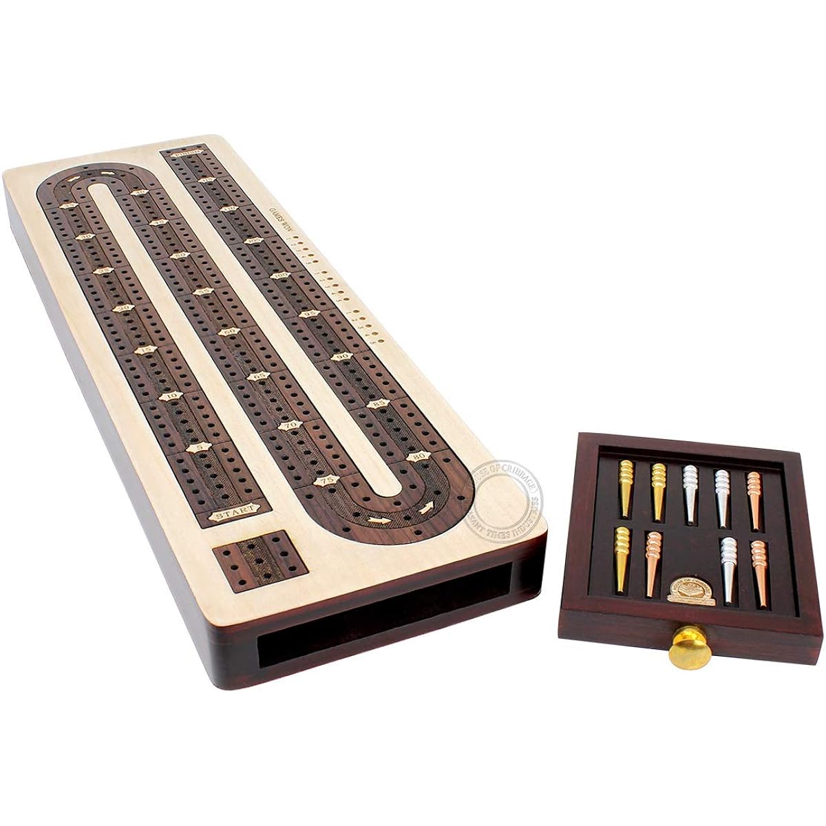 House of Cribbage - 3 Track Continuous Cribbage Board Inlaid with Rosewood - Maple Wood - Size: 12.5" - Storage Drawer for Cribbage Pegs