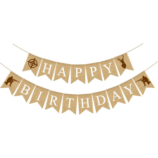 /Girls/Men, Gone Hunting Theme Happy Birthday Burlap Banner, Deer Hunting Birthday Signs and Flags, Camouflage Party Supplies for Kids Camping Theme 1st 2nd 3rd 5th 6th 9th 10th Birthday, Duck Hunting for Men 18th 20th 30th 40th 50th Birthday Decorations