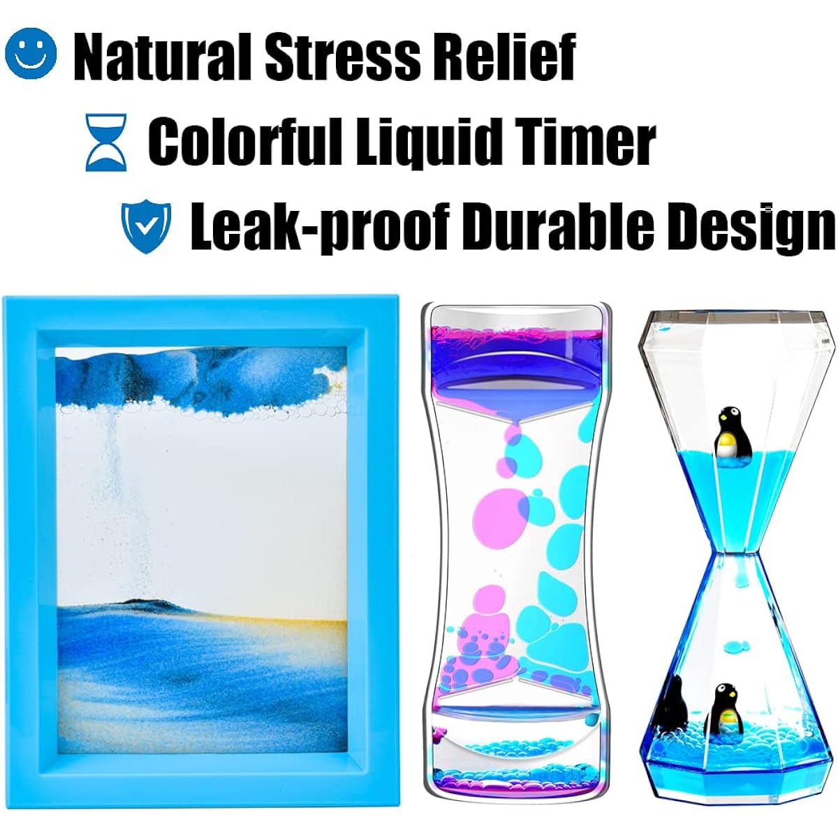FKYTION Liquid Motion Bubbler & Diamond Shape Penguin Liquid Timer Moving Sand Art Photography 3 Pack Activity Calming and Relaxing Desk Toys, Voted Best Gift