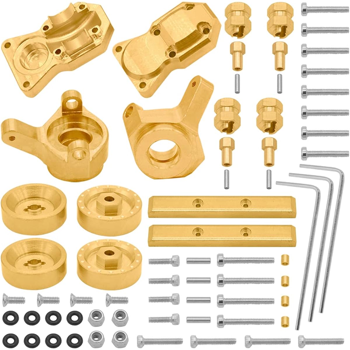 OGUNKE RC Brass 4pcs Wheel Weight Hex Adapter & 2pcs Diff Cover Diff Housing 2pcs Front Steering Knuckle 2pcs Extended 7mm Wheel Hex Hub 2pcs Boulder Bar Rail for Axial SCX24 AXI90081 RC Car