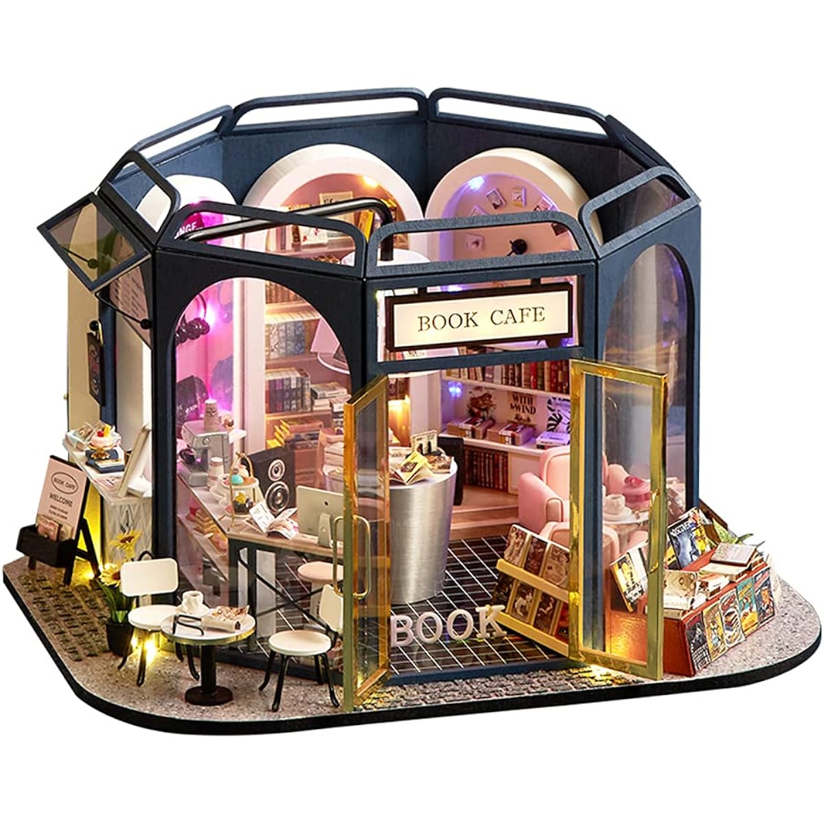 TuKIIE DIY Miniature Dollhouse Furniture Kit 1:24 Scale Creative Room Wooden Christmas Dollhouse Accessories Dustproof for Kids Teens Adults (Book Cafe)