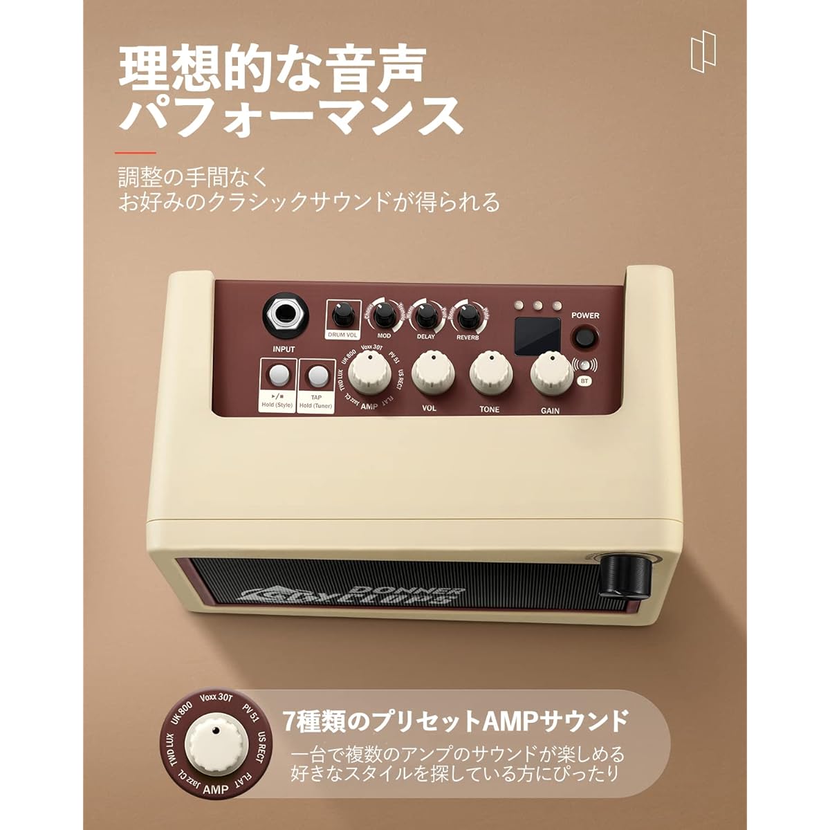 Donner Mini Guitar Amplifier, 5W, 7 Amp Models, Modeling Amplifier, Compact, 40 Drum Machine Types, Delay, Reverb, Built-in Effects, Wireless Connection, Battery Powered, Headphone and AUX IN Terminal, Home Practice