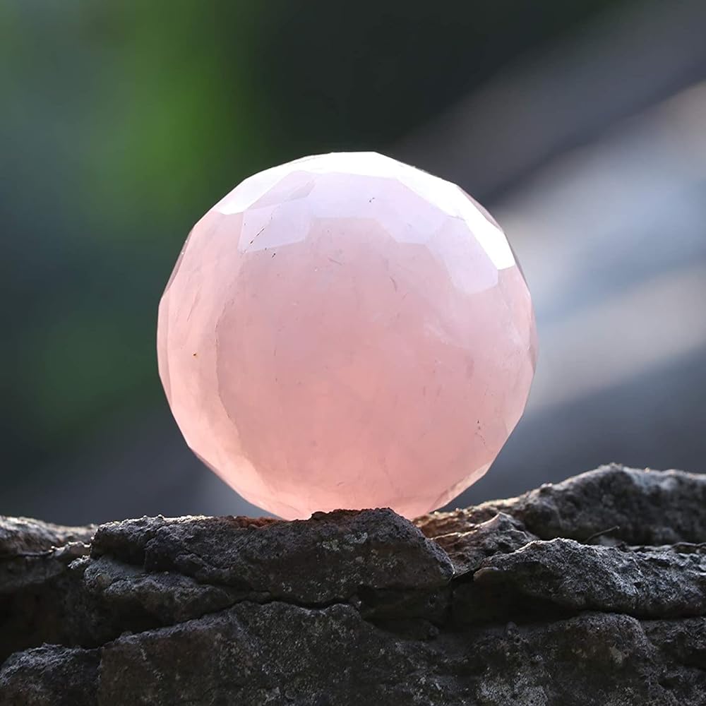 Crocon Rose Quartz Diamond Cut Crystal Ball with Metal Stand | Gemstone Ball Healing Sphere Sculpture Figure | Feng Shui Fortune Telling Home Decoration | Crystal Ball | Size: 40-50mm