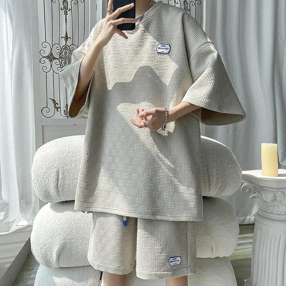 [ANGELCITY] Summer Setup Men's Large Size Sweat Jersey Short Sleeve Short Pants Top and Bottom Set T-Shirt Shot Pants 2 Piece Set Sportswear Room Wear Summer Clothes Training Sports Stylish L951