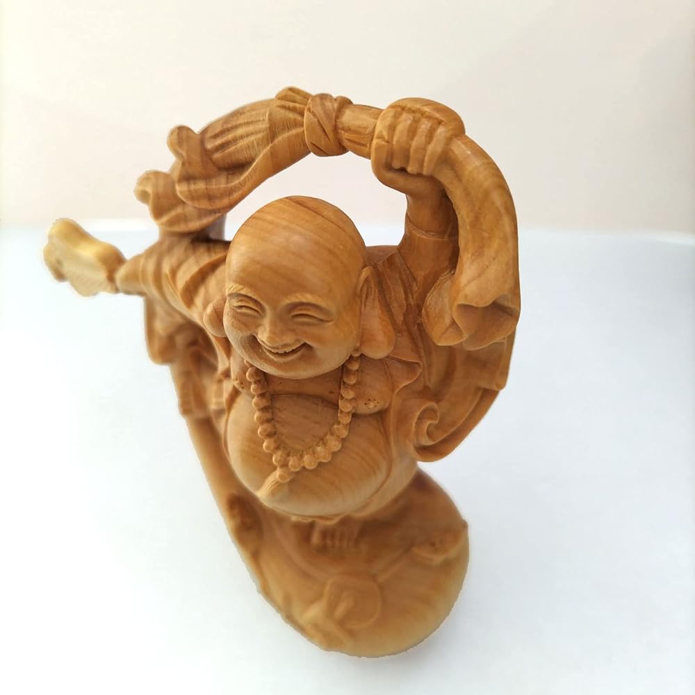 Wood carving, Hotei-sama, high quality natural boxwood wood carving, fortune, fortune, money, Buddha statue, ornament, auspicious, handmade craft (height 10cm x width 6cm x depth 3.5cm)