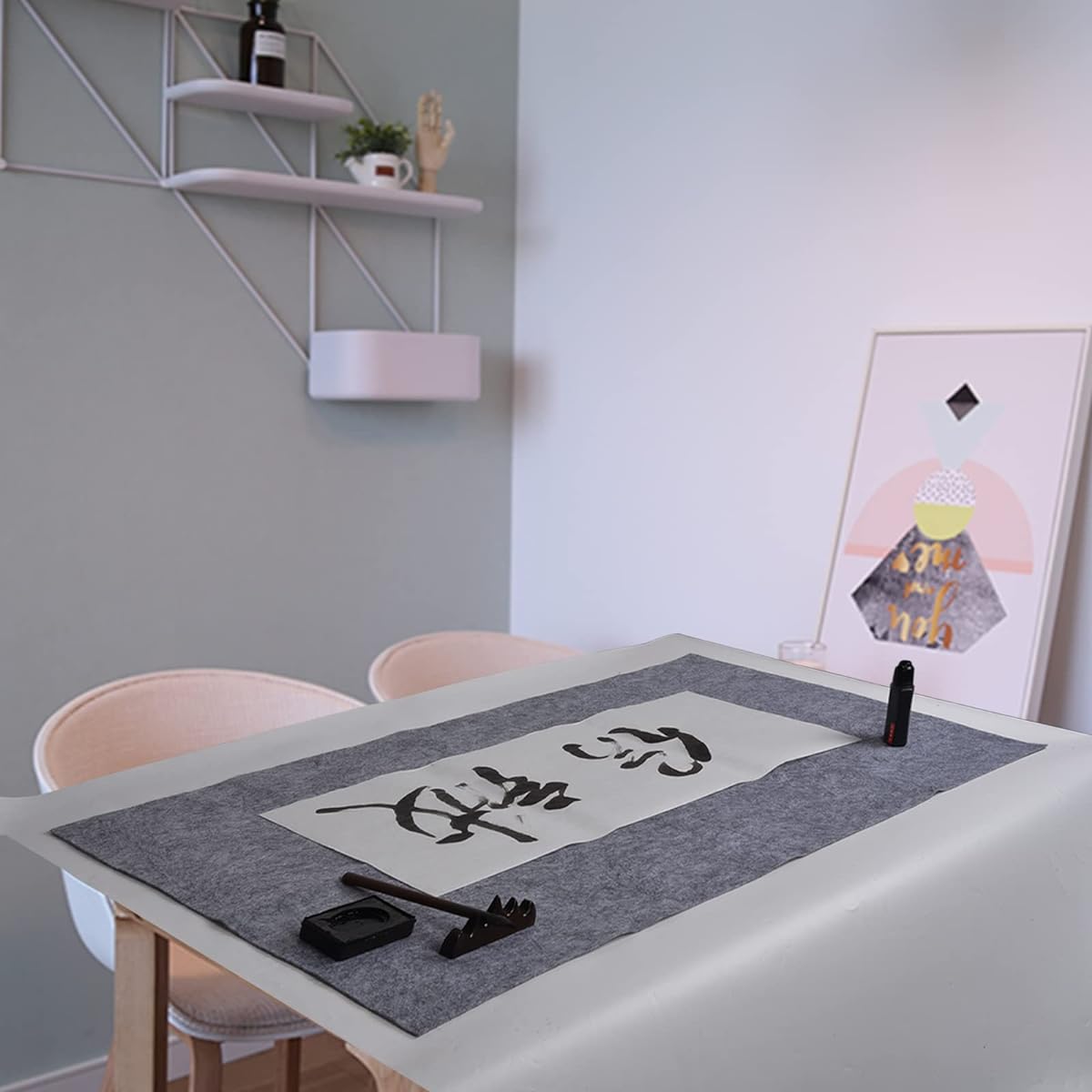 MEGREZ Chinese Calligraphy Drawing Felt Mat, Smithian Paper Calligraphy Felt Mat Desk Pad for Chinese Japanese Painting Practice, Grey 50x70cm