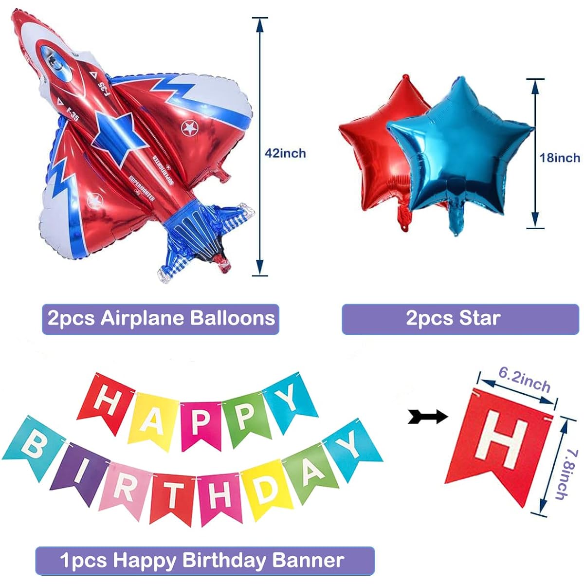 TUEPULL 42" Fighter Plane Balloon Cartoon Flying Party Colorful Happy Birthday Banner Star Foil Balloon Decoration Airplane Kids Toy