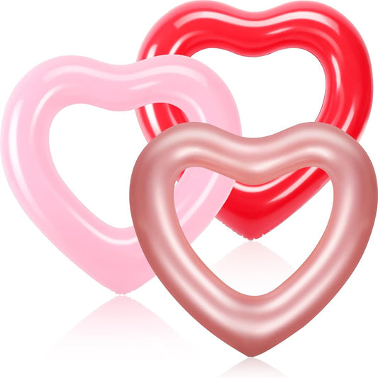 3 Pieces Inflatable Heart Pool Float 47.3 x 39.4 Inch Swimming Heart Shaped Pool Ring Adult Teen Water Fan Heart Float Summer Swimming Tube for Pool Beach Bachelorette Party Red Rose Gold Pink