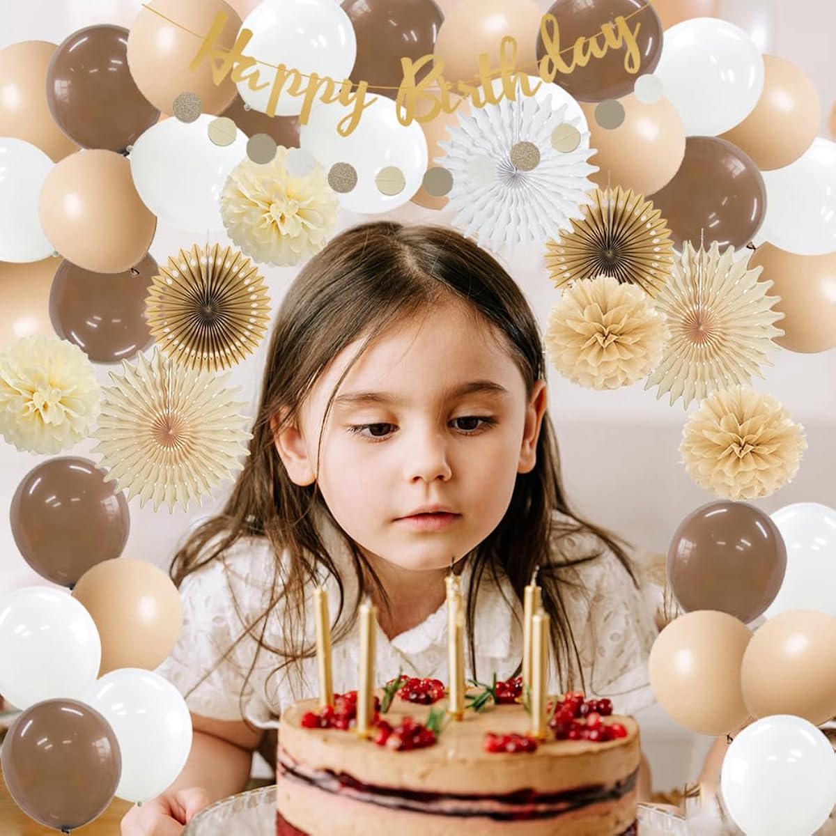 Brown Birthday Decorations for Women Rustic Neutral Balloon Garland Kit Boho Birthday Decorations Girl Brown and Cream Paper Fans Floral Party Decor Happy Birthday Banner Cake Topper Gold