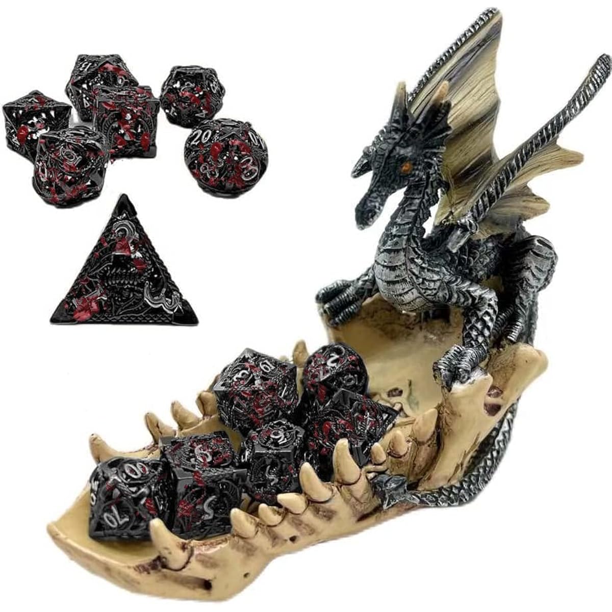 Thyggzjbs DND Dice, Hollow D&D Metal Dice, Dungeons & Dragons Dice Set with Dragon Dice Stray Holder RPG Warhammer MTG Pathfinder 6 Sided Dice Role Playing Dice for D20 D12 D10 D8 D6 D4 (Blood Stain)