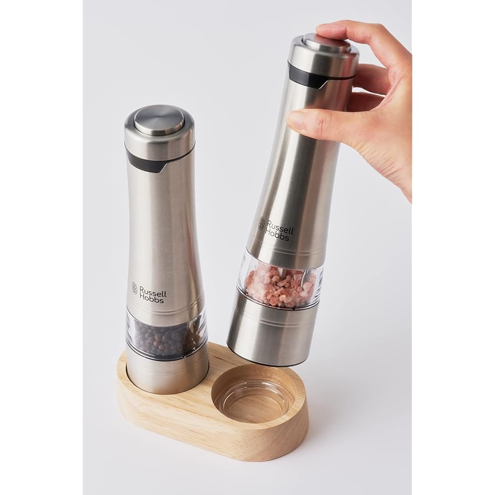 Russell Hobbs Electric Mill Salt & Pepper Rock Salt Pepper Spices Adjustable Coarseness Set of 2 Wood Stand Set Silver 7923JP
