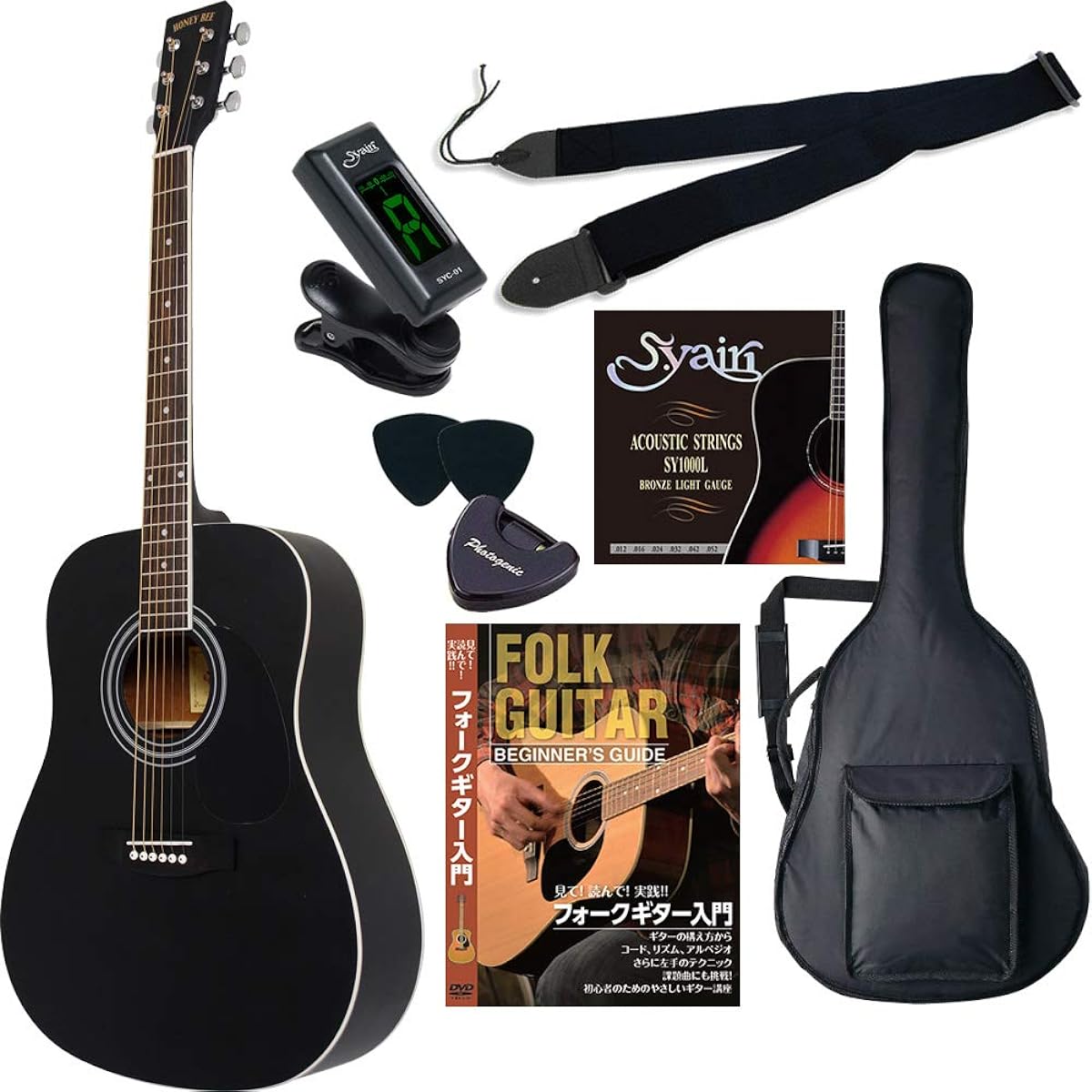 HONEY BEE Acoustic Guitar W-15M/BK Limited Matte Finish Model Beginner's Limited Tuner Set [Clip Tuner]