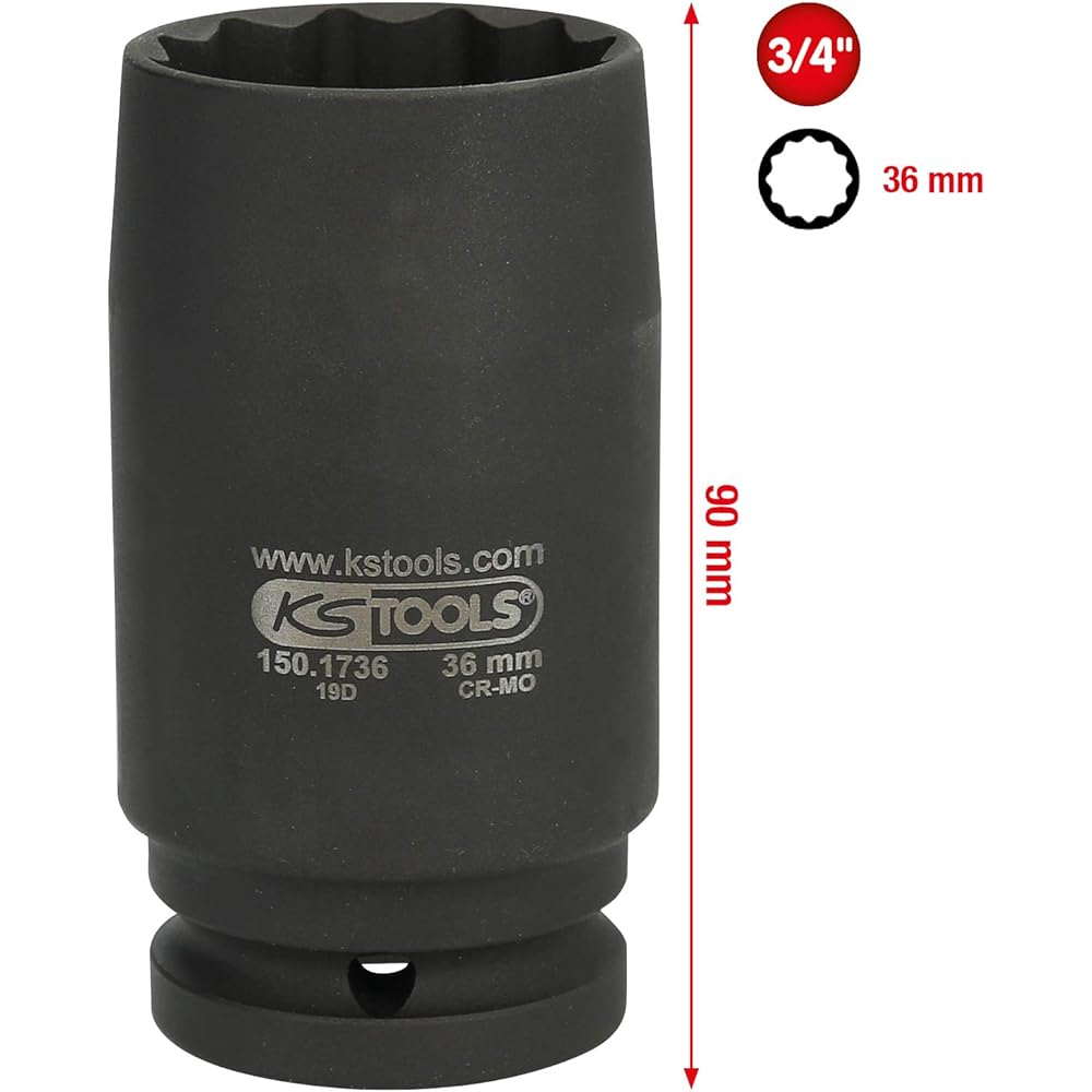 KS Tools Drive Shaft Impact Socket 12 Points Thin Wall 3/4" 36mm 150.1736