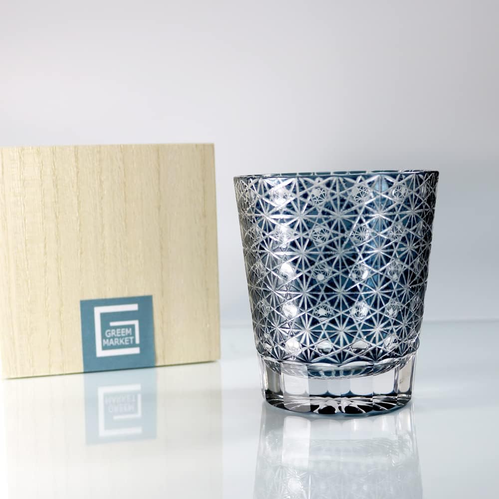 GREEM MARKET Crafts with wooden box Glasswork Kiriko glass Cup Shochu glass Chrysanthemum connection pattern Kiriko glass Product number: GMS02236NW (Navy)