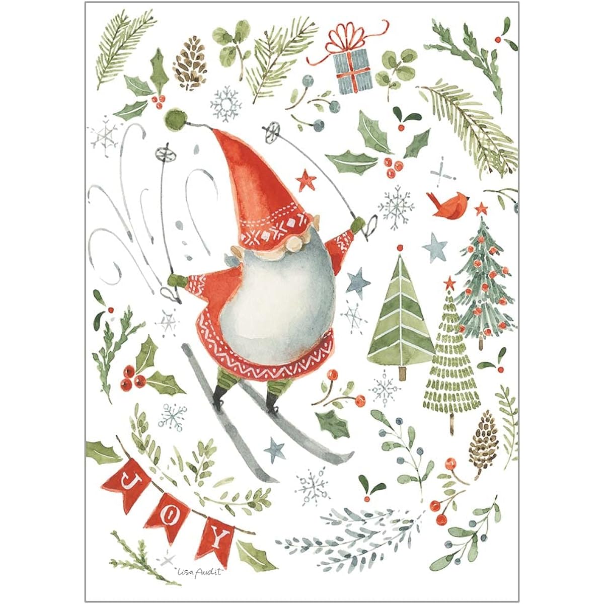 Legacy Jolly Skier White 7 x 6 Inch Paper Boxed Christmas Holiday Cards, Set of 20