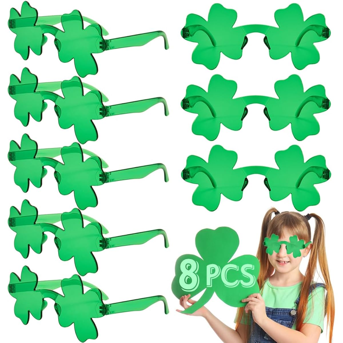DINESIL St. Patrick's Day Shamrock Sunglasses Green Clover Glasses for Kids and Adults Patrick Accessories Party Favors Decorations and Supplies 8pcs