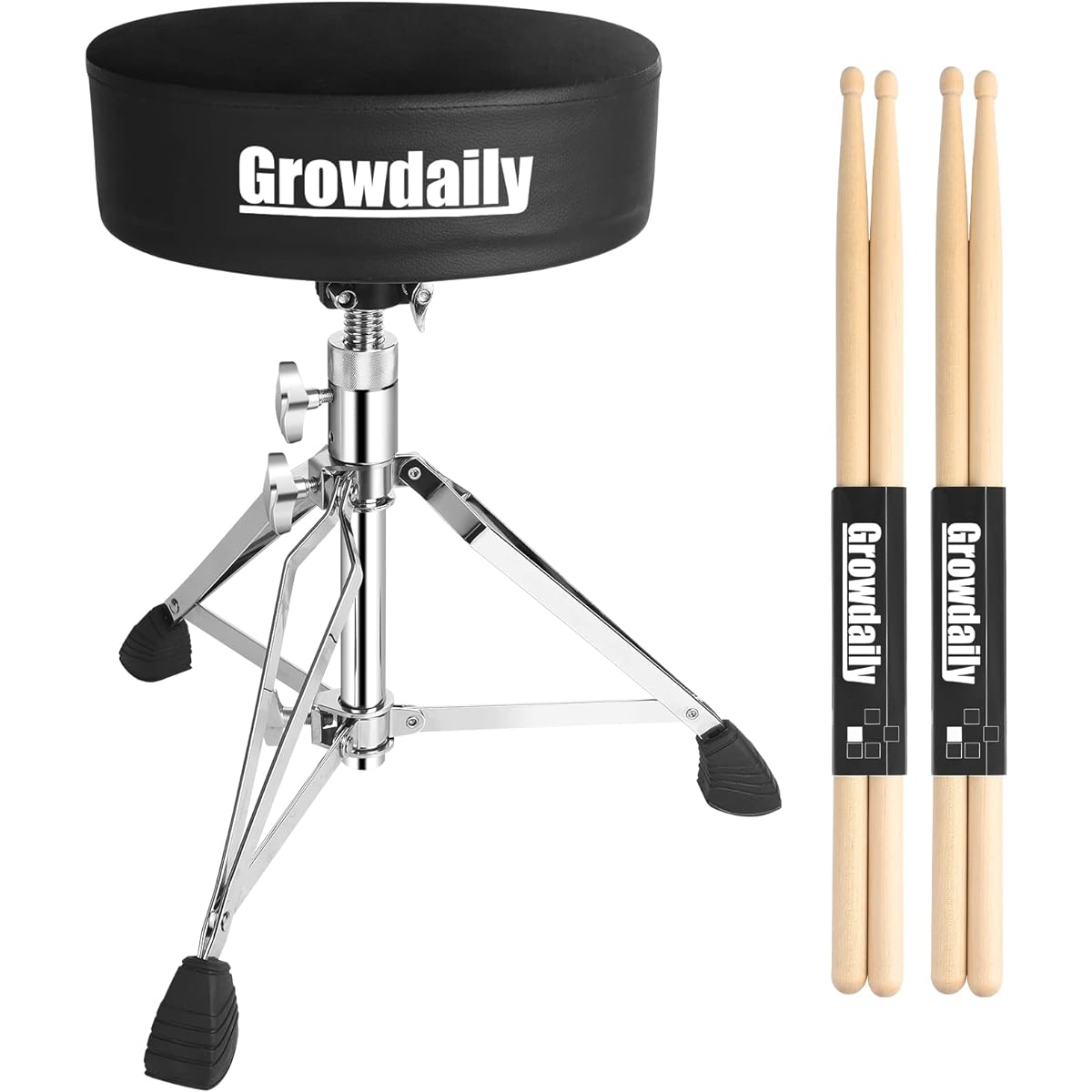 GrowDaily Drum Throne Seat Adjustable Drum Stool Universal Thick Padded Drum Throne Drummer Stool 2 Pack with 5A Drumsticks