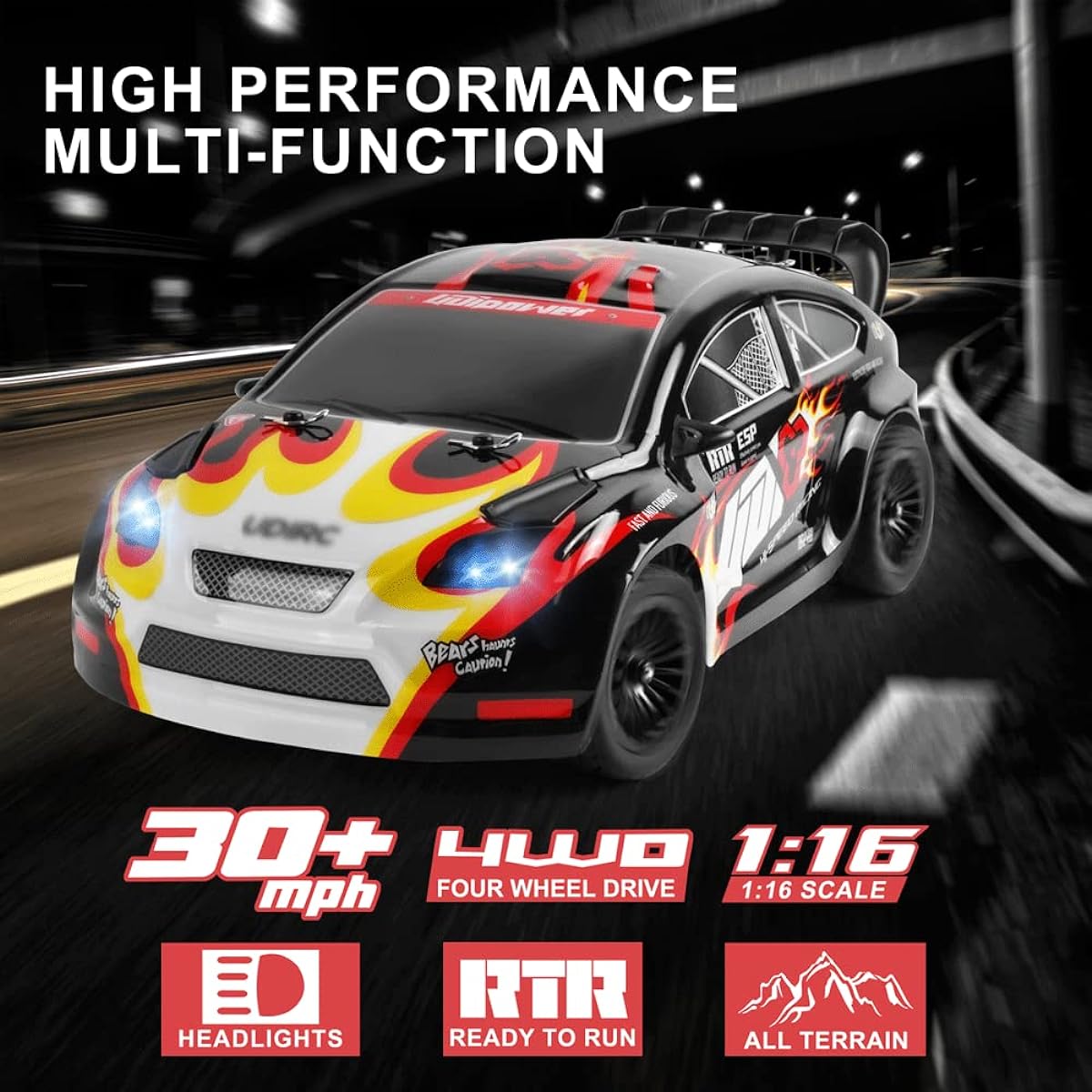 1/16 Scale 2.4GRC Car 4WD Racing 30KM/H High Speed Off-Road Drift Remote Control Rally Car Toy RTR Model Gift Car Light with Angel Eyes Dual Battery