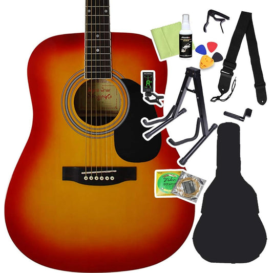 Sepia Crue WG-10 Cherry Sunburst Acoustic Guitar Beginner 12-Piece Set Dreadnought Sepia Crue