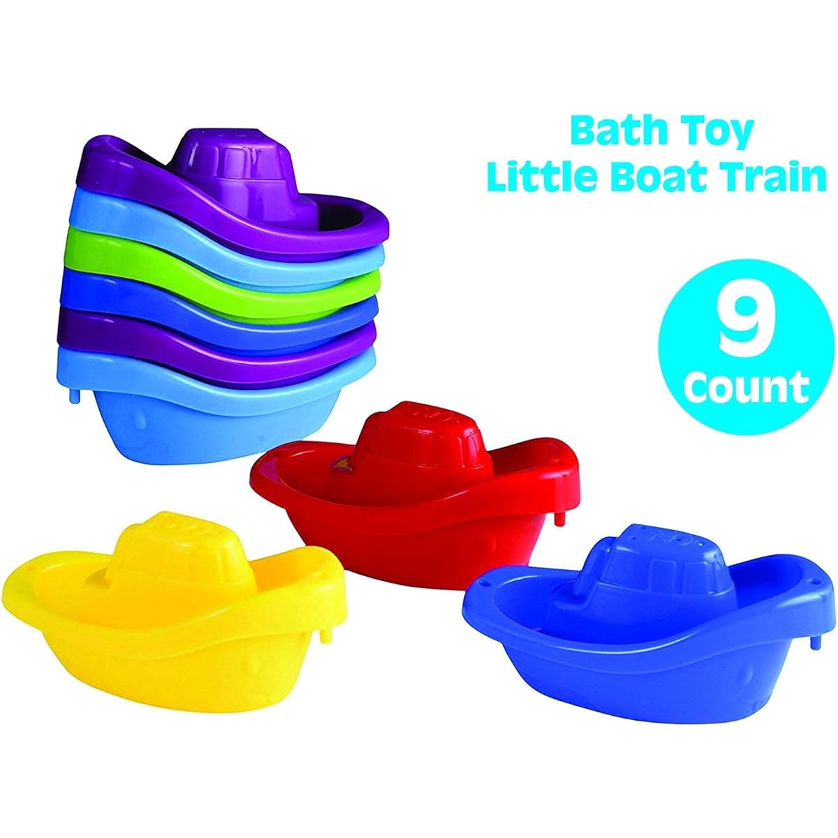 Playkidz Bath Toys Little Boat Train 9 Pack Stackable Plastic Kids Tubs and More, 6 Colors, Ages 3+