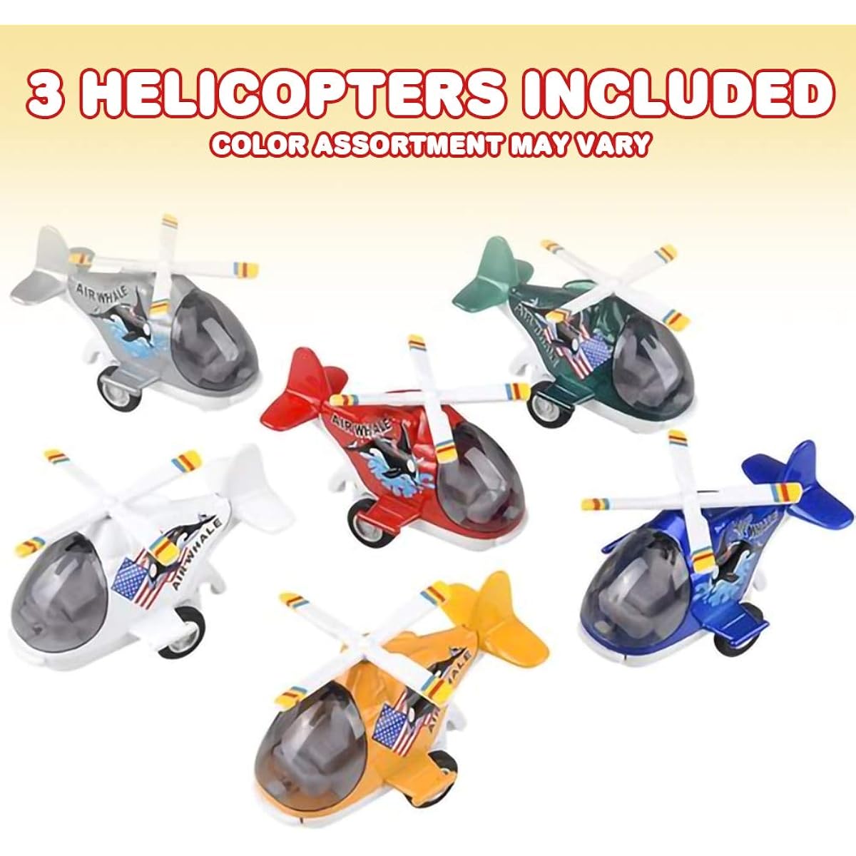 ArtCreativity Diecast Whale Helicopters with Pull Back Mechanism, Set of 3 Diecast Toy Choppers with Rotating Propellers, Birthday Party Favors, Goodie Bag Fillers for Kids