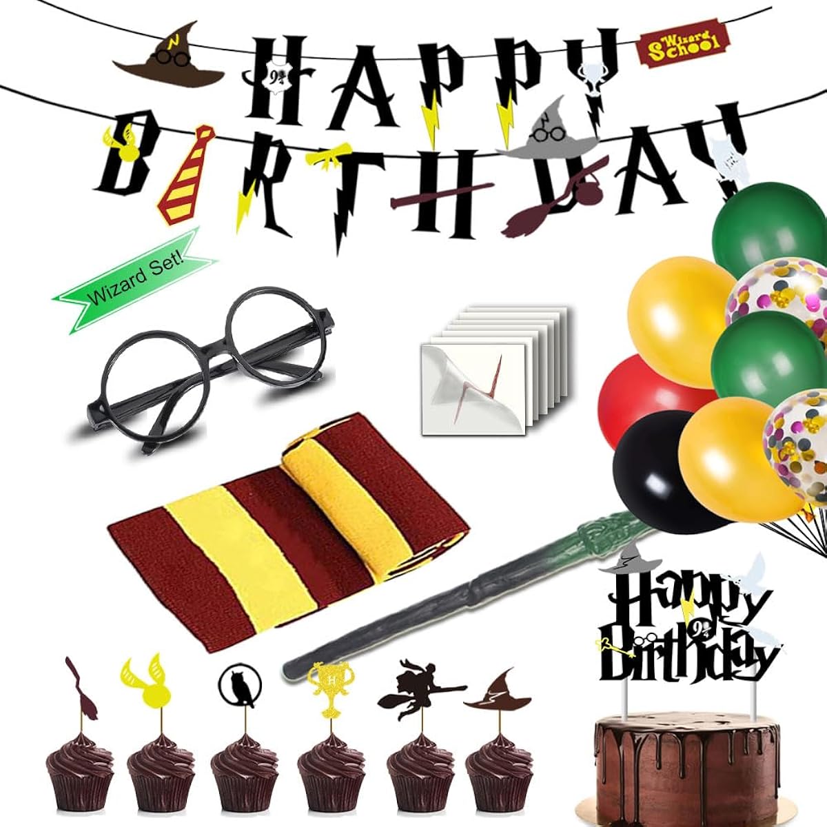 Happy Birthday Party Decoration Set Birthday Banner Striped Tie Glasses Frame Cake Cupcake Topper Magic Wand Lightning Scar Tattoo and Balloon Magic Theme Party Supplies Decorations