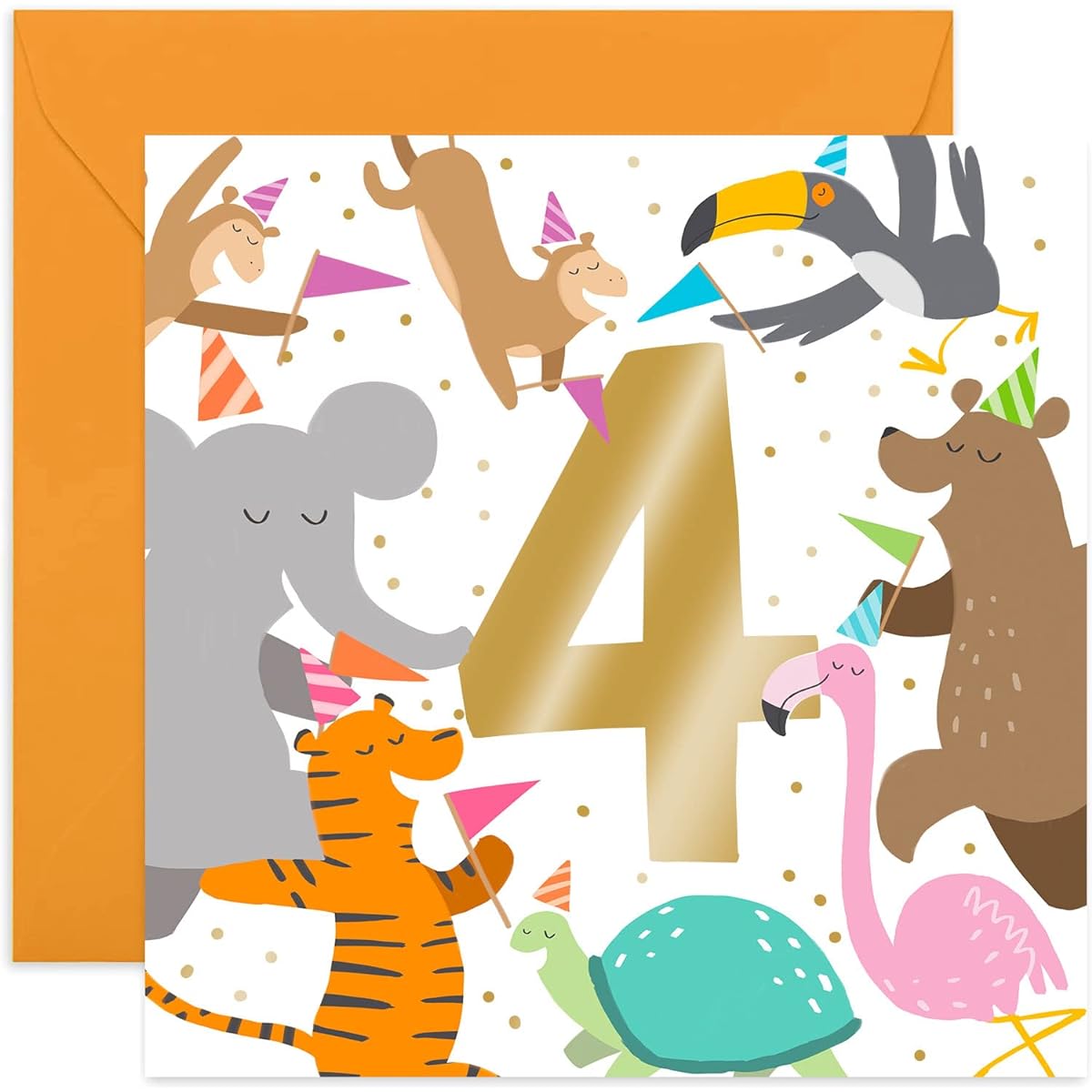 Old English Co. Party Animal 1st Birthday Card - Gold Foil Square Zoo Birthday Card for Boys and Girls | Son or Daughter | Blank Inside & Envelope Included (Age 4)
