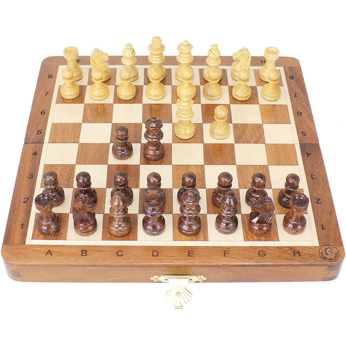 House of Chess - 7.5" Wooden Magnetic Folding Travel Chess Set - Algebraic Notation + 2 Extra Pawns & 2 Extra Queens - Handmade - Premium Quality