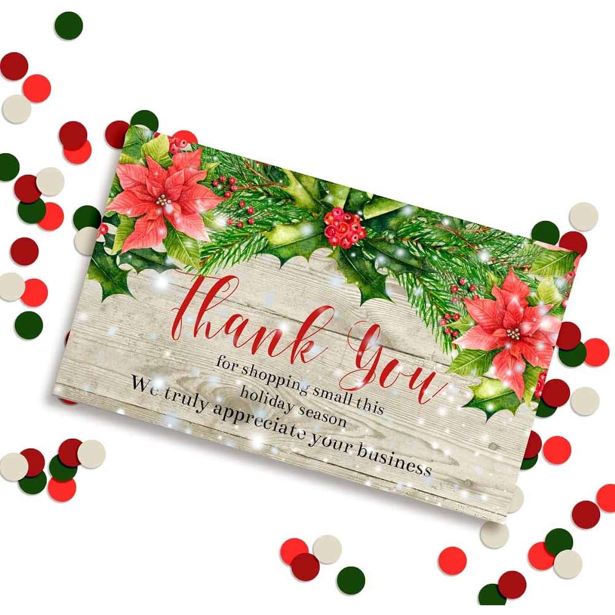 AmandaCreation Snowy Christmas Red Poinsettia Holiday Themed Customer Thank You Package Inserts 2" x 3.5" Single Sided Insert Cards of 100