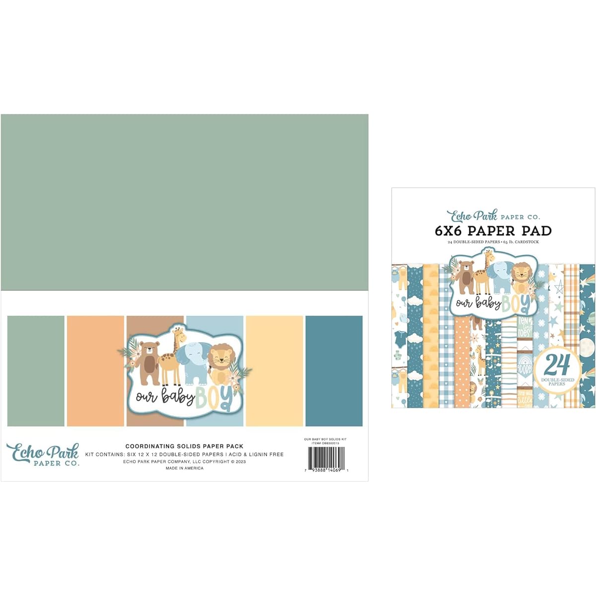 Echo Park Paper Collection Bundle: Our Baby Boy 12" x 12" Plain Paper Pack + Baby Boy 6" x 6" Double-Sided Paper Pack