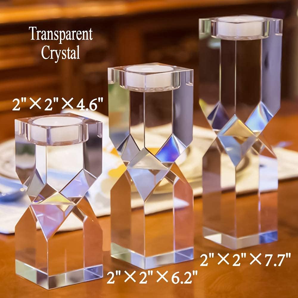 Le Sens Amazing Home 3 Piece Large Crystal Candle Holder Set 4.6/6.2/7.7 Inch Height Elegant Heavy Solid Square Diamond Cut Tealight Holder Set for Home Decoration Centerpieces for Weddings
