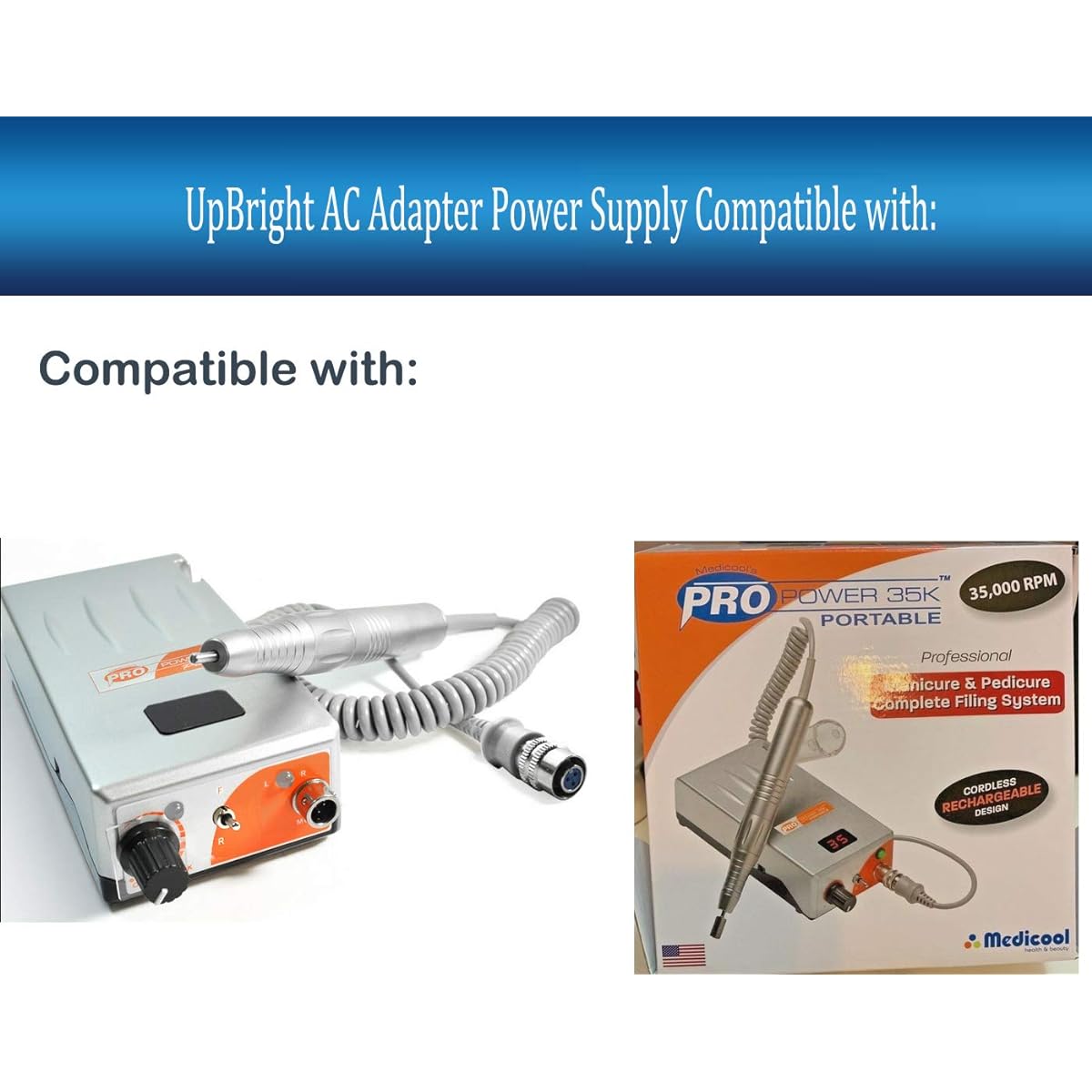 UpBright 12.6V AC/DC Adapter Compatible with Medicool PRO Power 35K PN 110502 Li Battery Nail Drill Filing System 20K ProPower 35000RPM Electric File LC-H120100 DC12.6V 1A 4A 12V Power Supply Charger