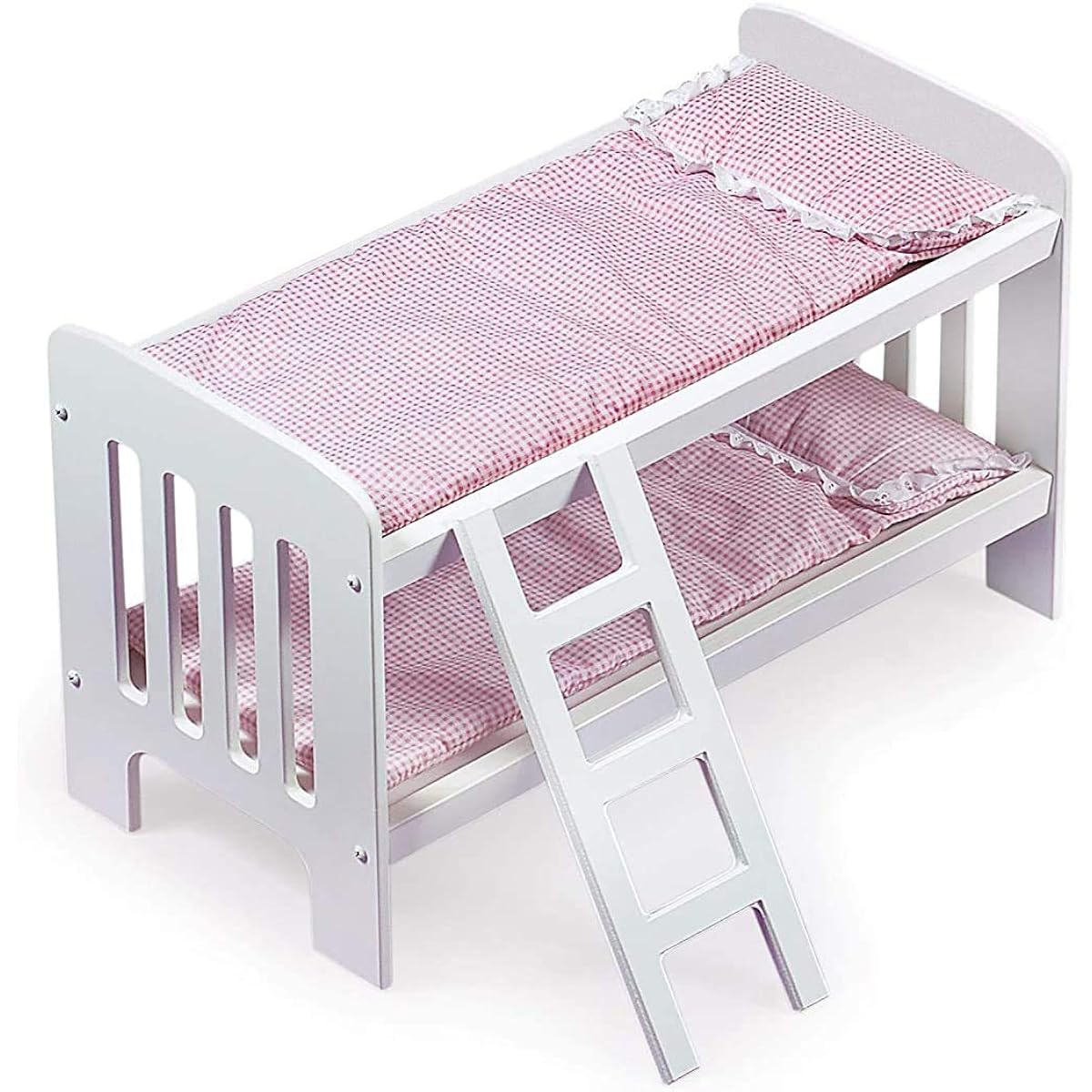 Badger Basket Toy Doll Bunk Bed with Gingham Bedding and Ladder Personalization Kit for 20" Dolls, White/Pink