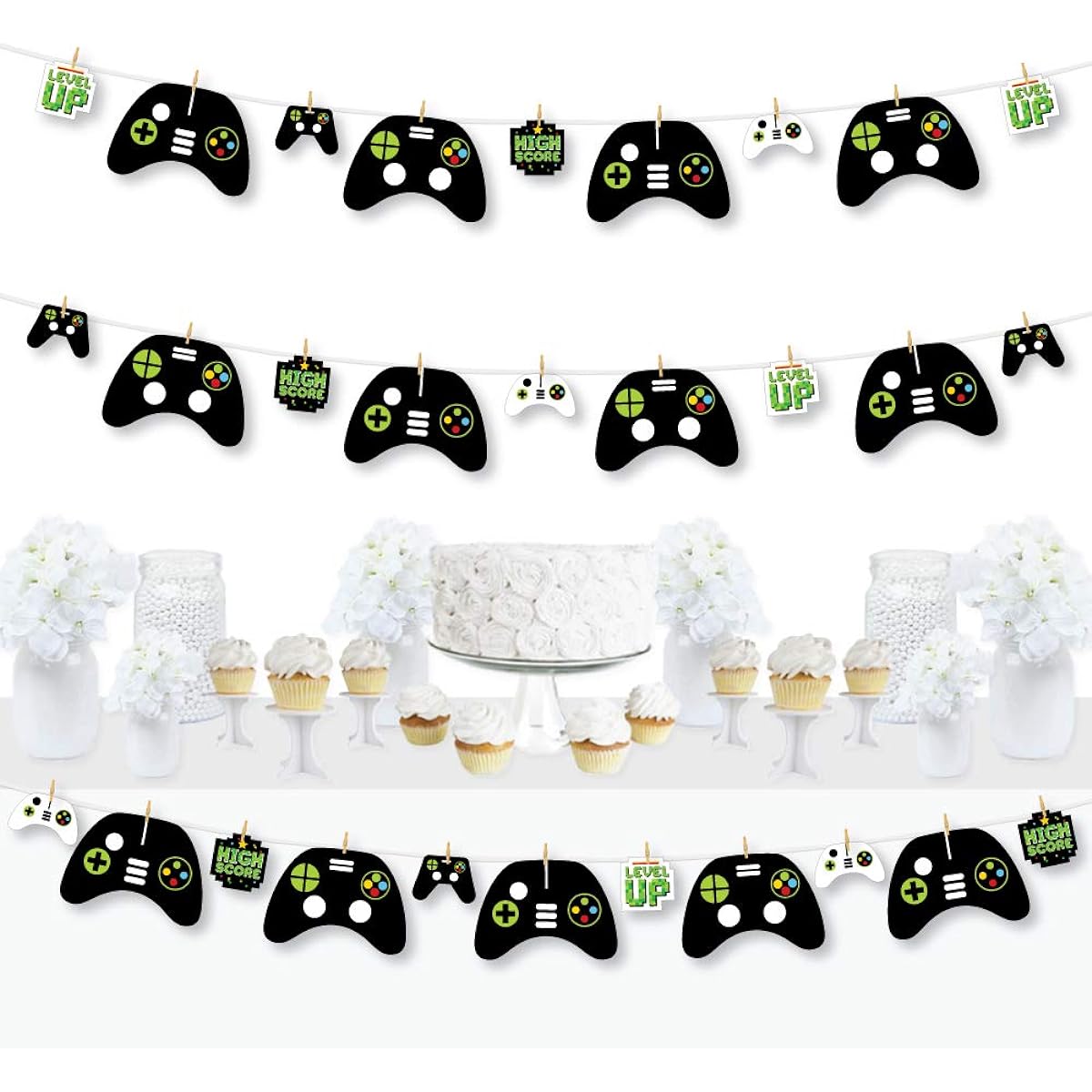 Big Dot of Happiness Game Zone - Pixel Video Game Party Birthday Party DIY Decorations - Clothespin Garland Banner - 44 Pieces