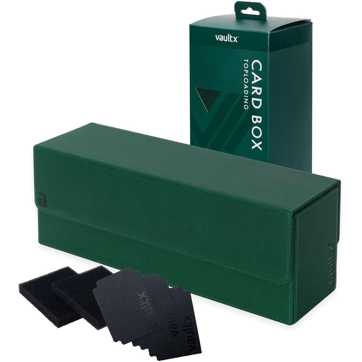 Vault X Exo-Tec Storage Box with Removable Magnetic Lid, Card Dividers, Foam Filler, Large Capacity Holder for Deck Box Organizing and Storage of TCG CCG Gaming and Sports Card Collections (Green)