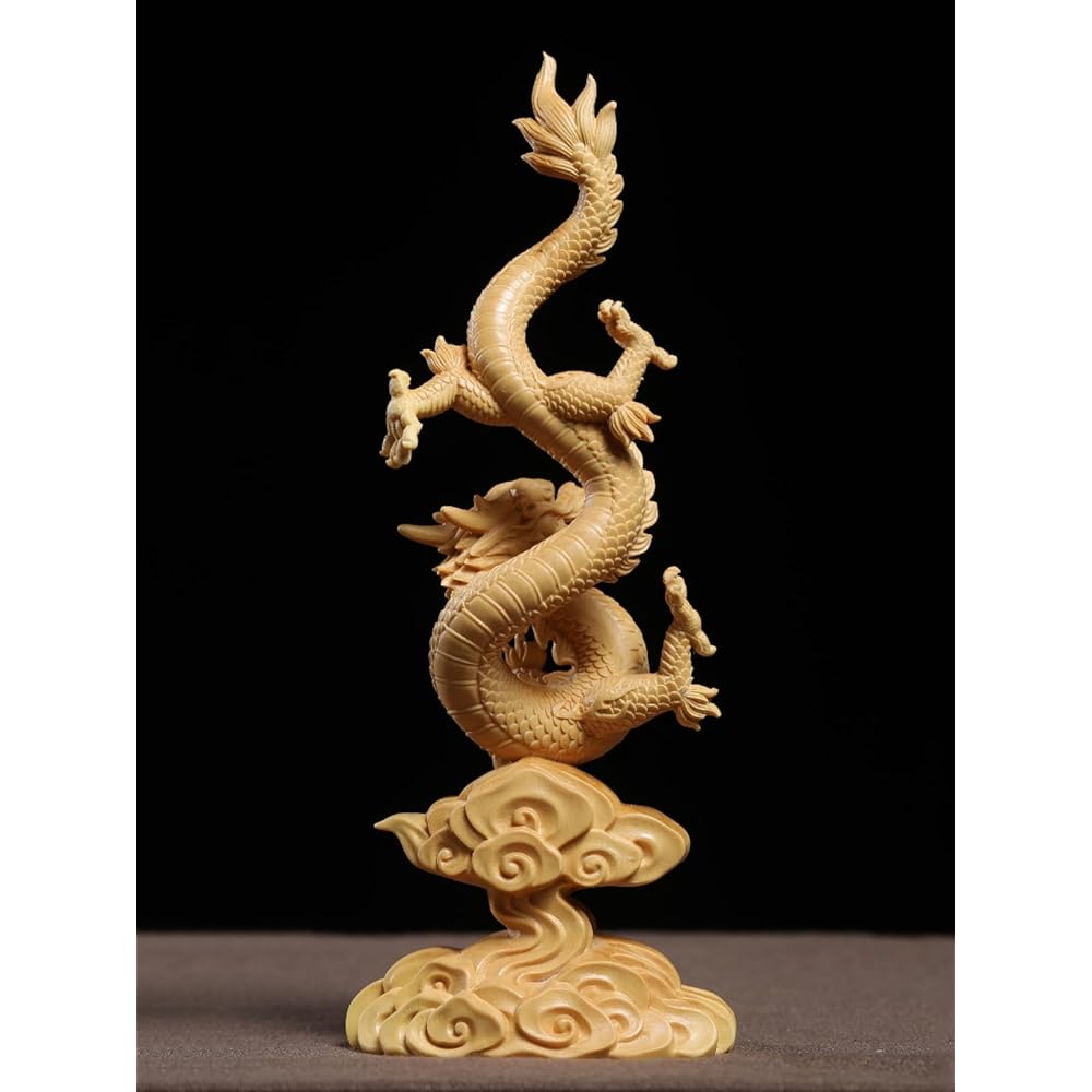 Dragon Figurine, Wood Carving, Year of the Dragon Figurine, Dragon God Goods, Financial Luck Figurine (Height 20cm x Width 8.5cm)