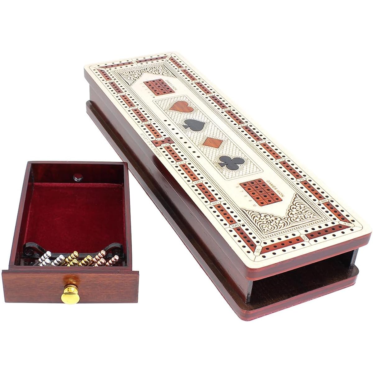 House of Cribbage - 3 Track Continuous Cribbage Board in Maple and Bloodwood - Inlaid Card Symbols (Suits) + Storage Drawer for Cribbage Pegs & Cards