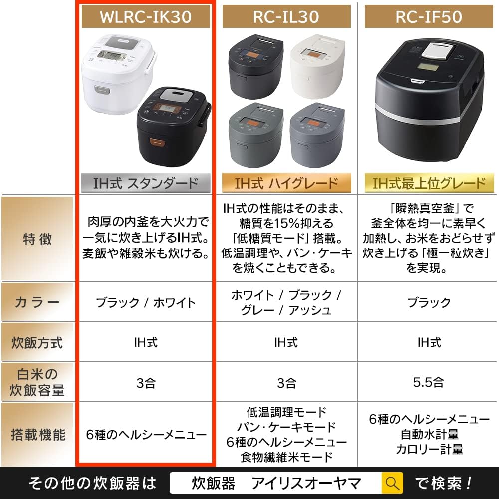 Iris Ohyama IH Rice Cooker, 3 Cups, IH Type, 40 Types of Cooking Function, Extra Thick Pot, Brown Rice, 2020 Model, White Label WLRC-IK30-W