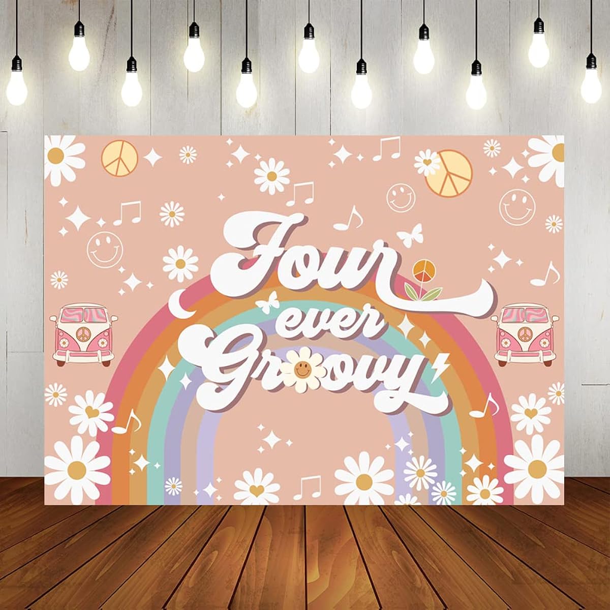 Lofaris 7 x 5ft 4 Ever Groovy Birthday Backdrop Hippie 70s Retro 4th Birthday Backdrop Girls 4th Birthday Party Banner Photo Booth Props 7 x 5ft
