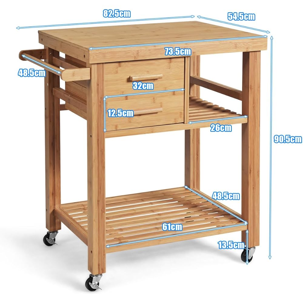 Costway Kitchen Wagon Storage Wagon 3 Tiers with Casters Bamboo Storage Cart Mobile Cabinet Rolling Cart Drawer with Handle Storage Wagon Documents Tools Small Items Storage Kitchen Office Restaurant Warehouse