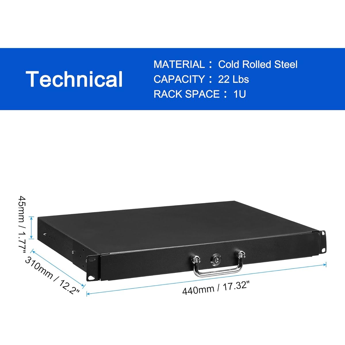 MECCANIXITY 1U Rack Mount Drawer 19" for AV/Network/DJ Equipment Rack or Cabinet with Lock and Key