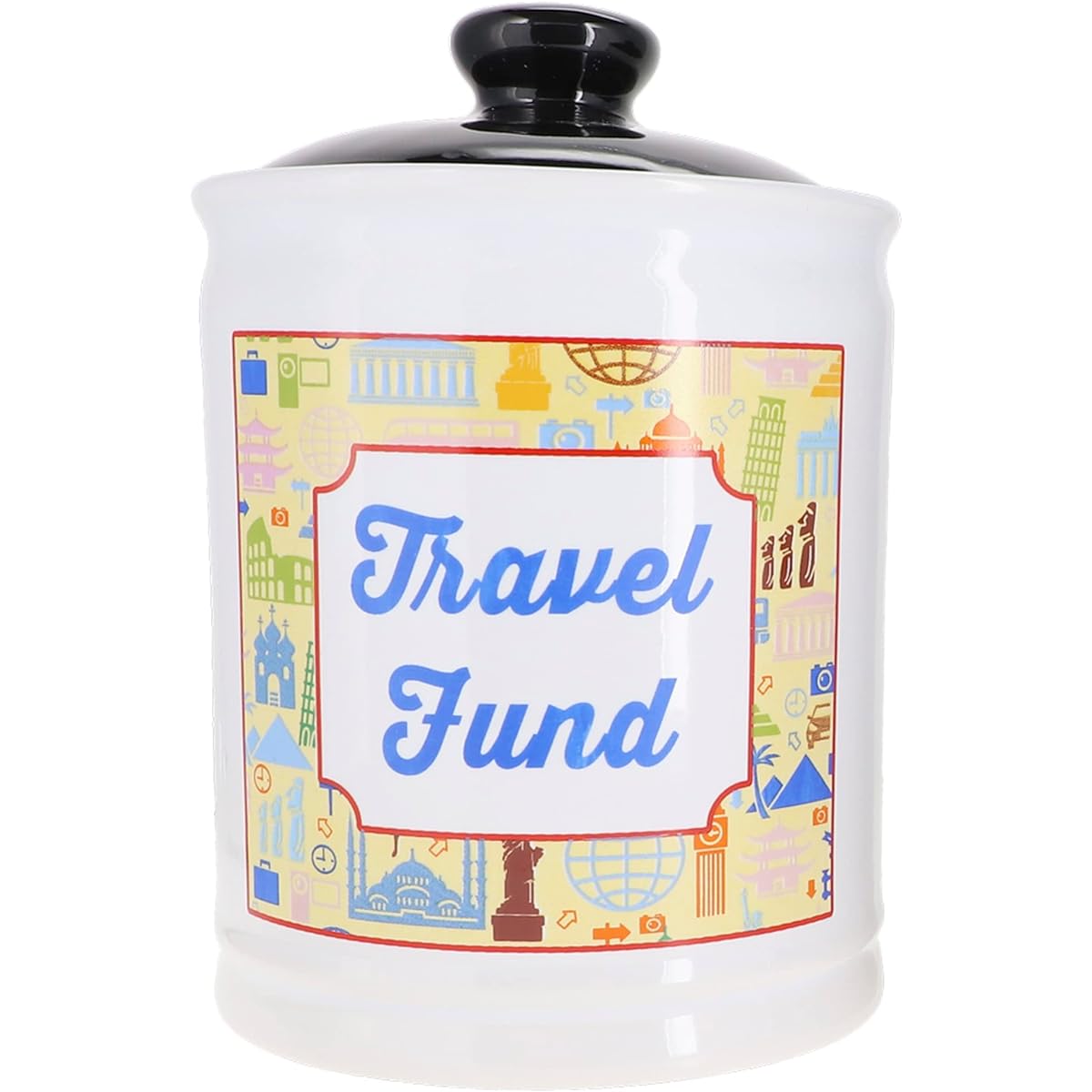 Cottage Creek Money Box Travel Fund Jar Round Ceramic Adult Money Box with Black Lid Adventure Appreciation Gift [White]
