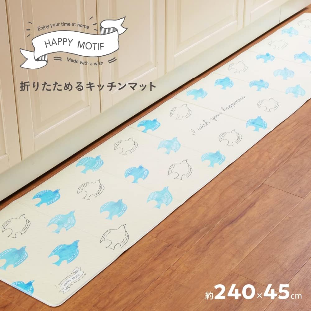 FUJIEI Happy Motif Foldable Floor Mat Blue Bird 240cm Thickness 6mm HM-005 Antibacterial, Mildew Resistant, Water Repellent, Flame Retardant, Kitchen, Corridor, Wipeable, Cushioning, Storage, Compact